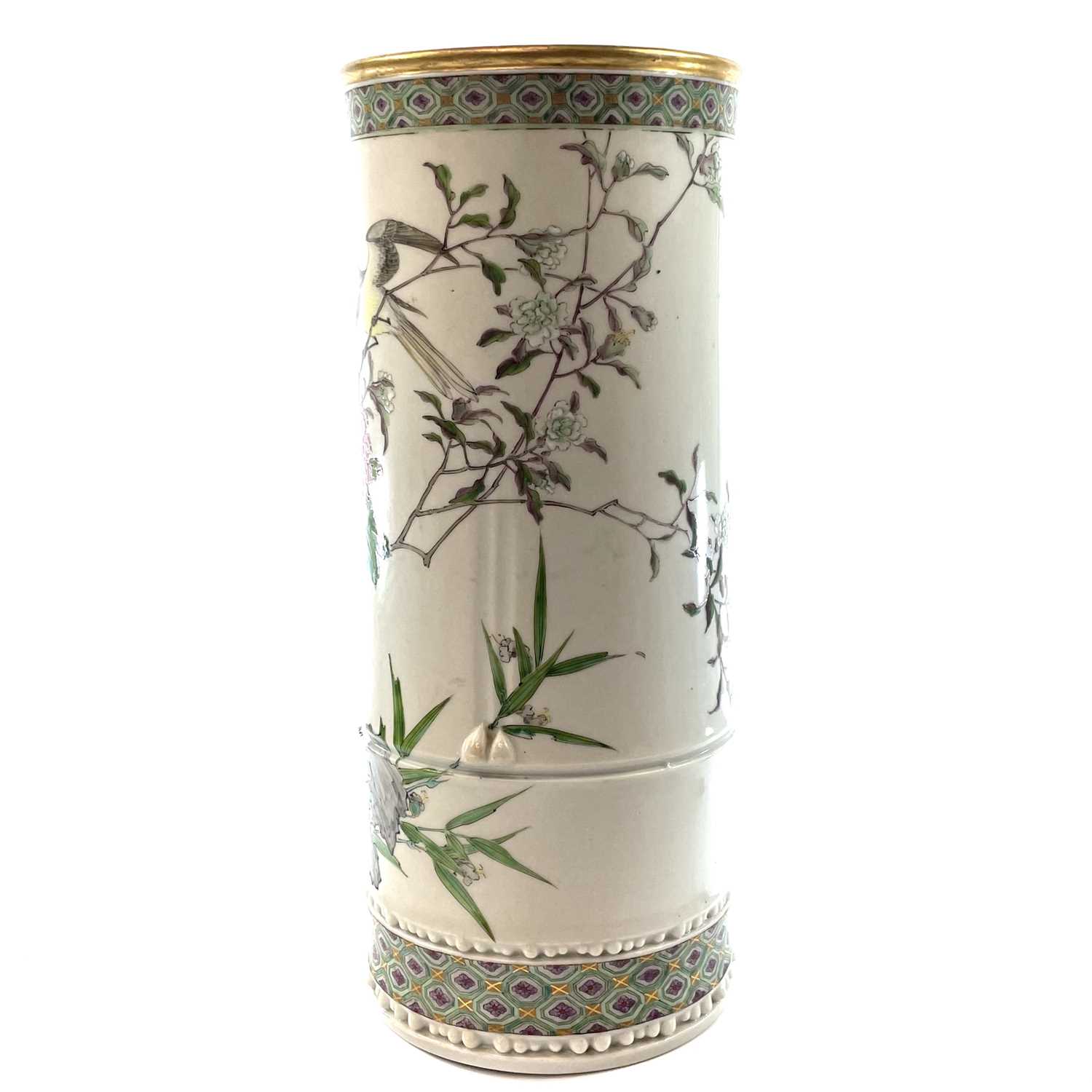 A large Chinese famille rose porcelain brush pot, 19th century, painted with a bird perched on a - Image 2 of 10