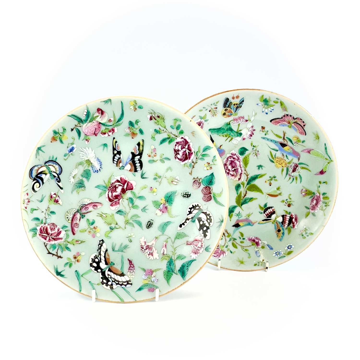 Two Chinese Canton celadon porcelain plates, 19th century, diameters 26.5cm and 25.5cm. (2)One has a - Image 3 of 10