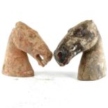 Two Chinese painted pottery horse heads, probably Han Dynasty, well modelled, one with open mouth,