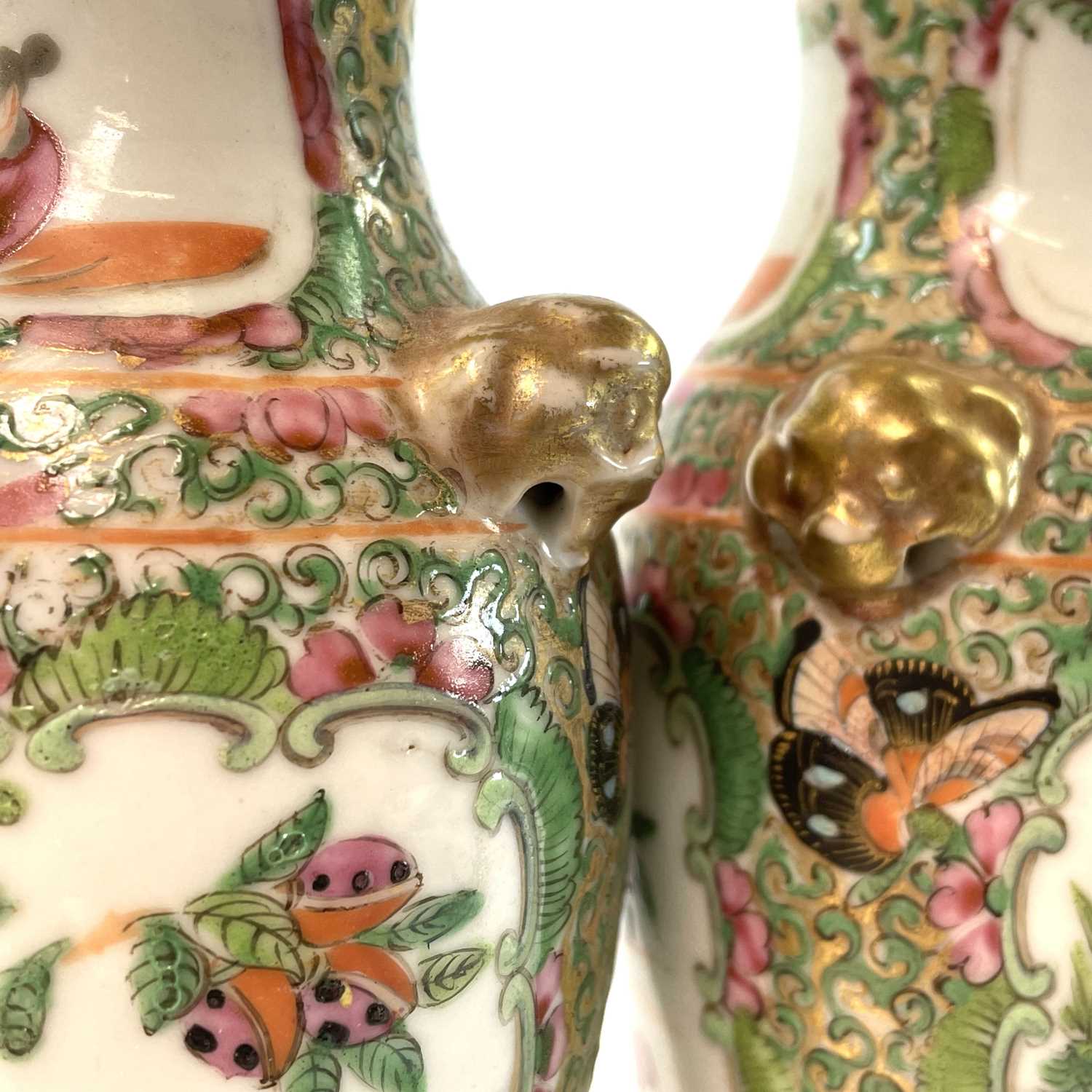 A pair of Chinese Canton porcelain vases, 19th century, each with a panel enclosing figures in an - Image 7 of 9