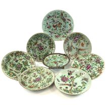 Eight Chinese Canton celadon porcelain plates, 19th century, largest diameter 19.5cm. (8)One has two