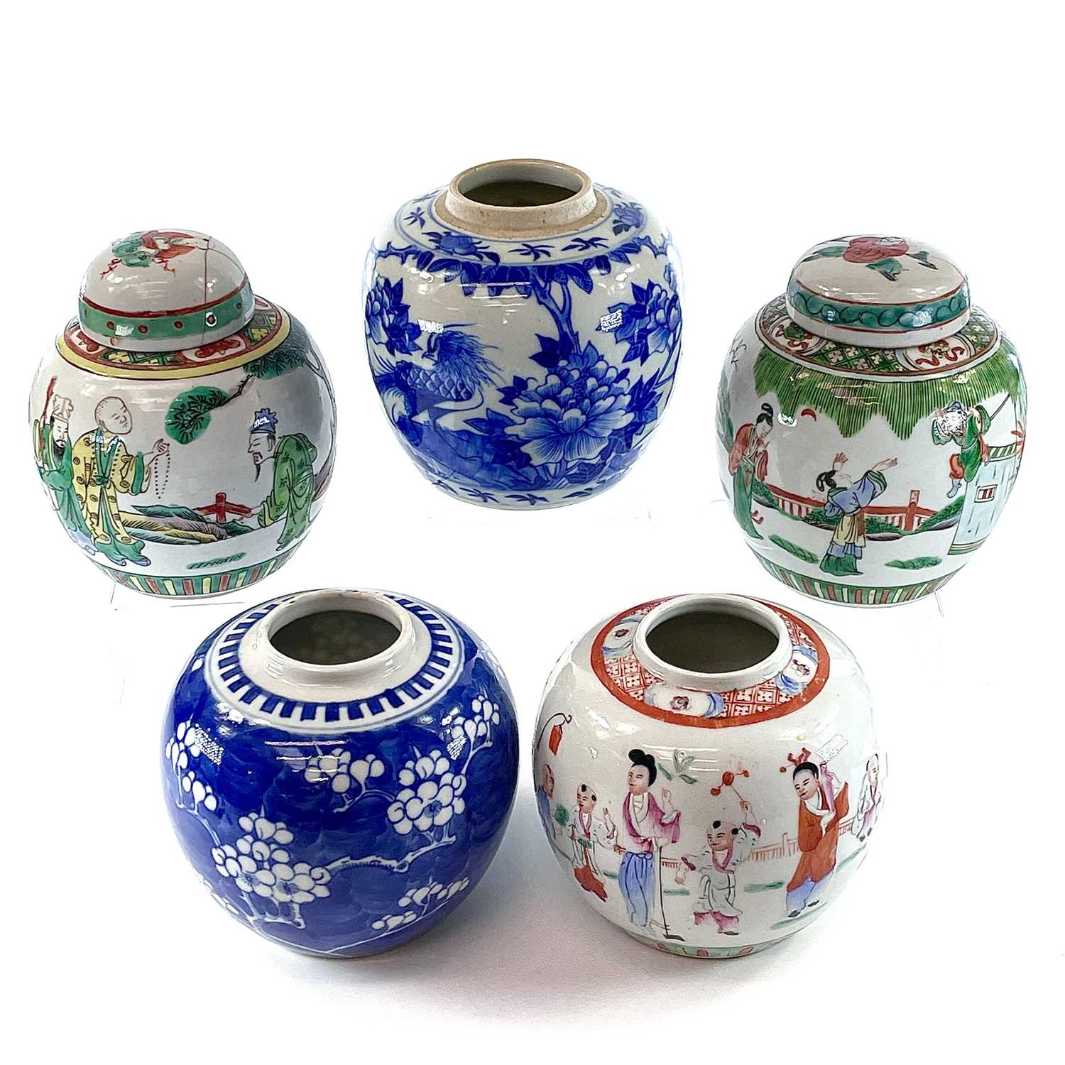 Five Chinese porcelain ginger jars, to include a 19th century blue and white ginger jar with four