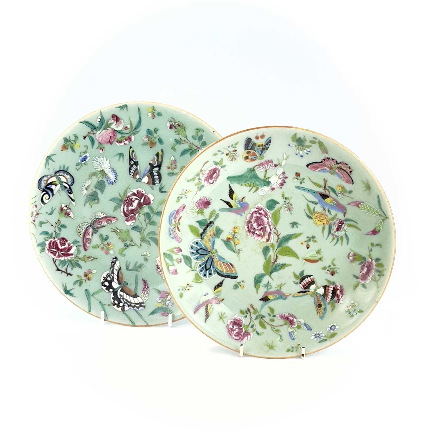 Two Chinese Canton celadon porcelain plates, 19th century, diameters 26.5cm and 25.5cm. (2)One has a - Image 2 of 10