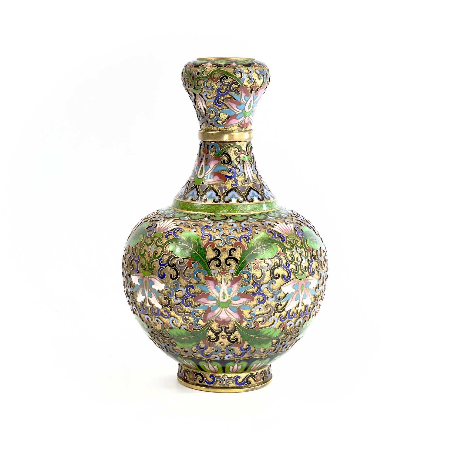 Two similar Chinese champleve gilt metal vases, circa 1900-1920, each with enamelled foliate - Image 9 of 12