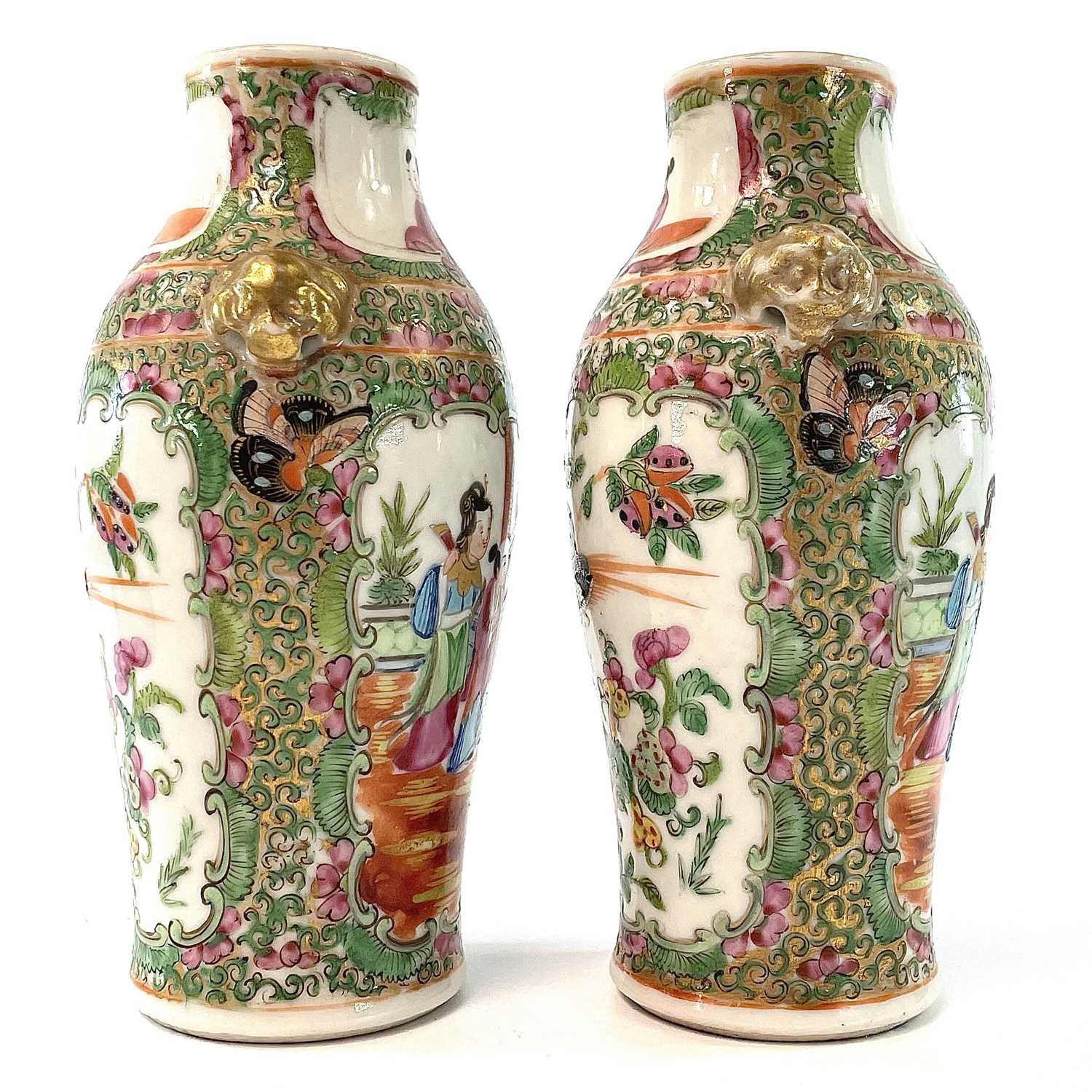 A pair of Chinese Canton porcelain vases, 19th century, each with a panel enclosing figures in an - Image 4 of 9