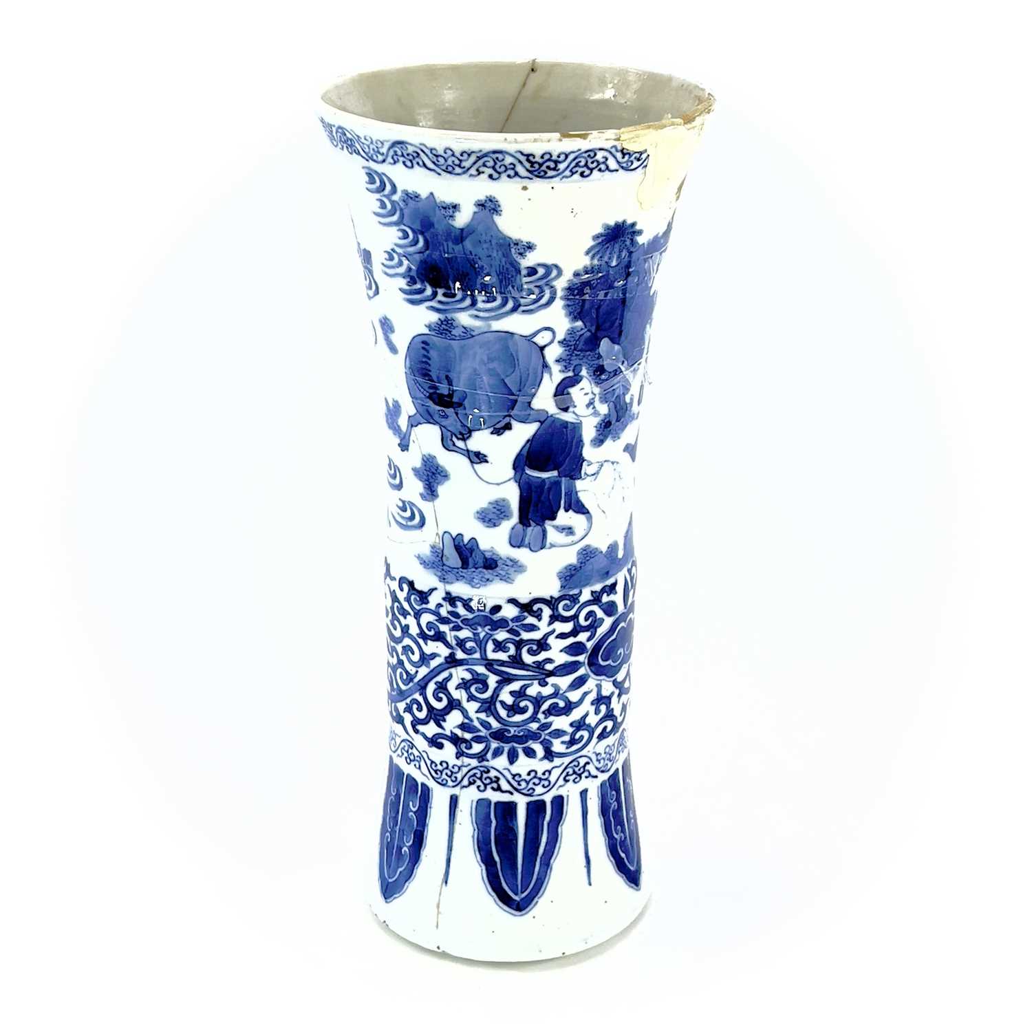 A Chinese blue and white beaker vase, Gu, Transitional, 17th century, painted with figures in a - Image 11 of 23