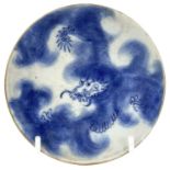 A Chinese blue and white porcelain dish, 18th/19th century, decorated with a dragon, black character