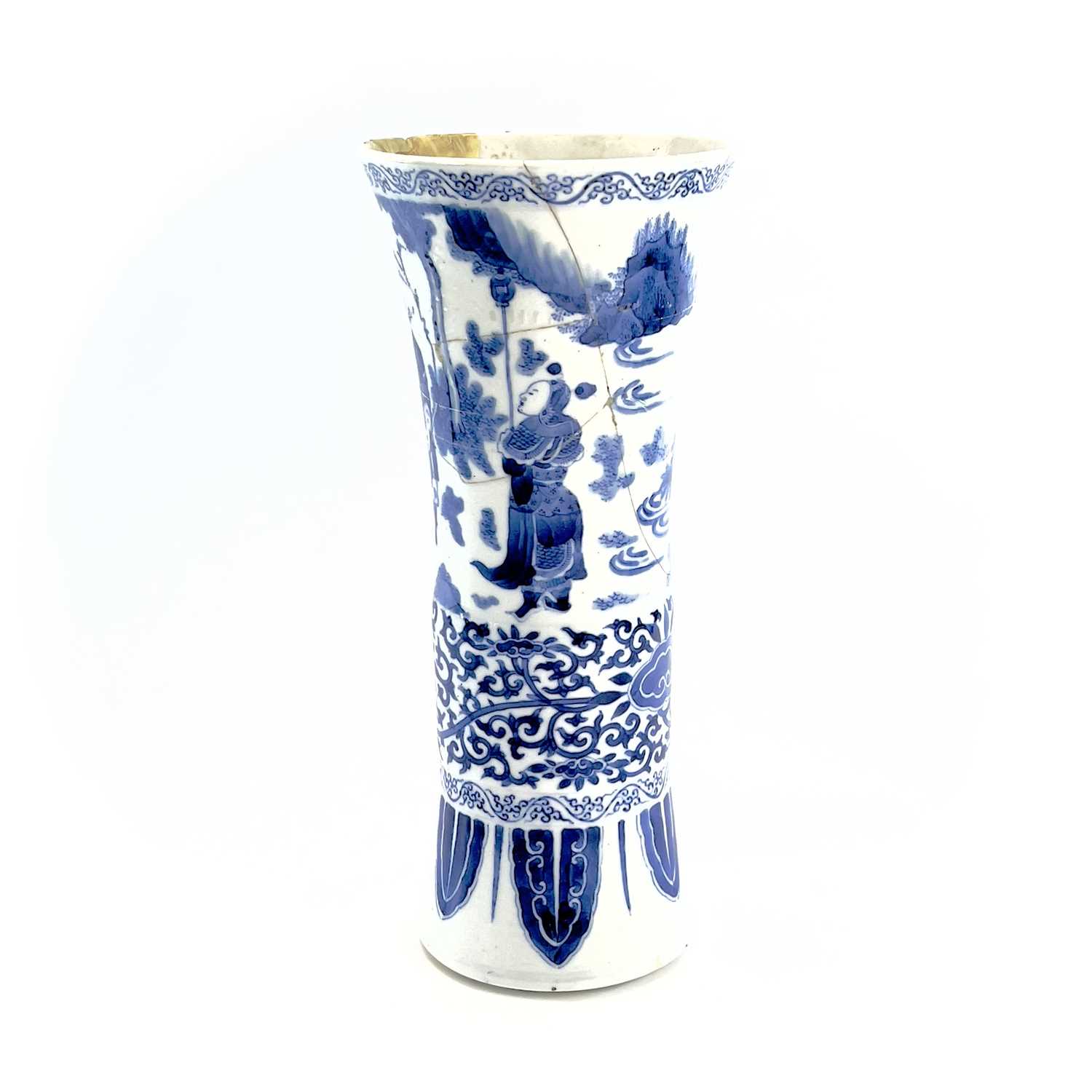 A Chinese blue and white beaker vase, Gu, Transitional, 17th century, painted with figures in a - Image 8 of 23