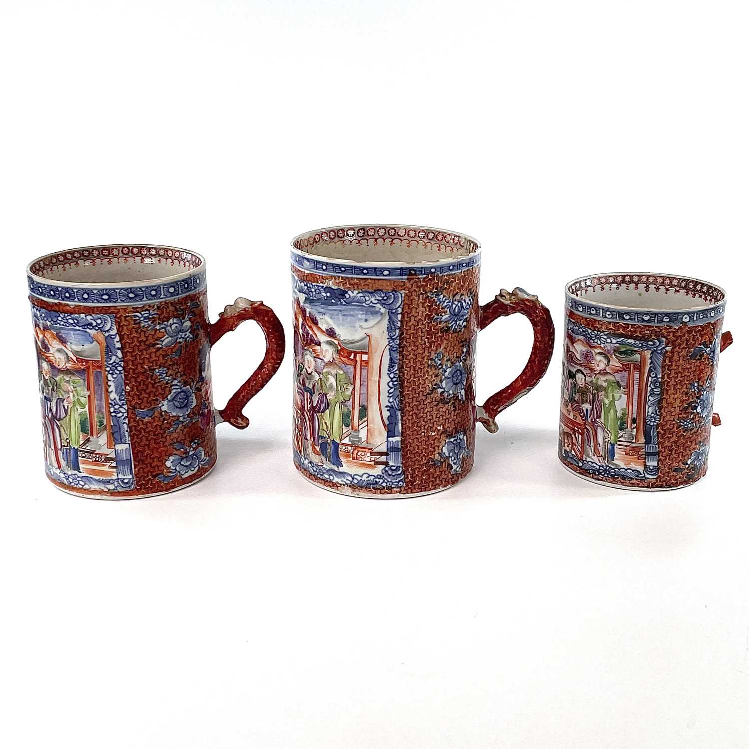 A set of three Chinese graduated porcelain mandarin palette mugs, 18th century, the cylindrical body - Image 2 of 15