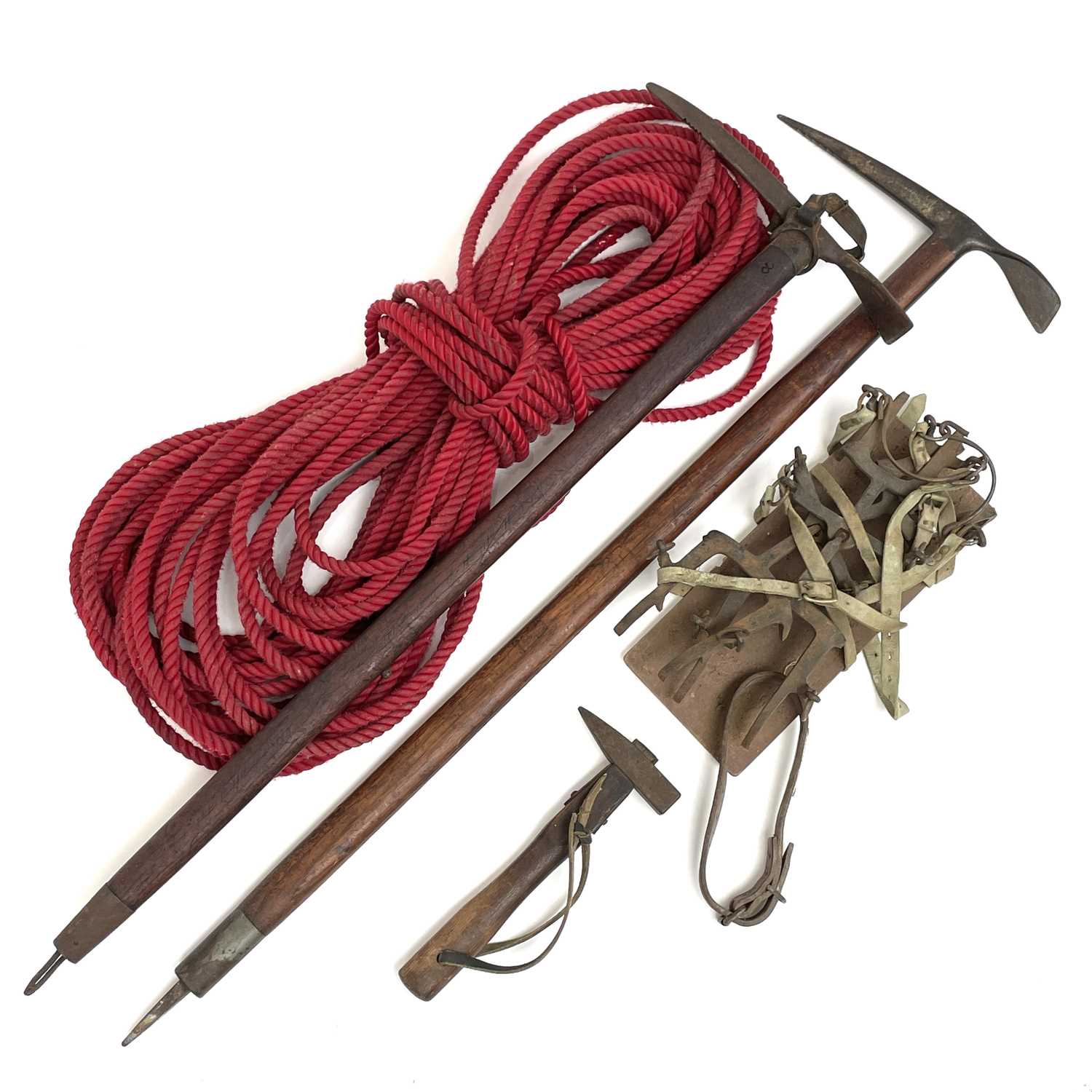 Vintage Mountaineering equipment, comprising two ice axes, a pair of crampons, a rope and a - Image 2 of 12