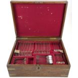 A Victorian brass bound oak cased canteen of plated cutlery, Old English pattern, with two removable