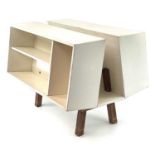 An Isokon Penguin Donkey Mark 2 book tidy, designed by Ernest Race, with white painted finish and