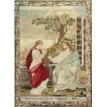 A Victorian embroidery panel depicting Photine the Samaritan woman at the well inscribed 'Mary