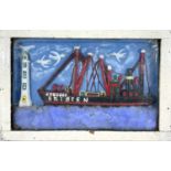 A primitive folk art painted diorama of the coaster SS Brideen, with a lighthouse, painted gulls and