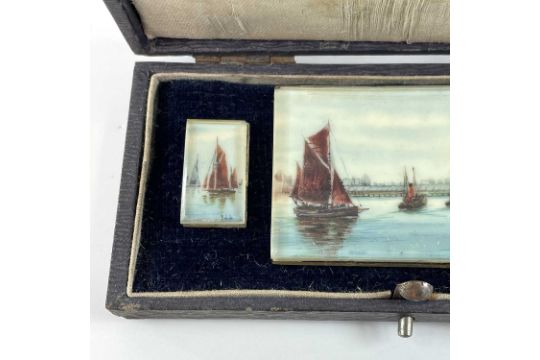 Stanley A Burchett (XX) 'Herring Drifters Leaving Harbour', Signed, watercolour miniature, further - Image 3 of 5