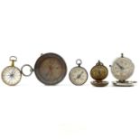 A 19th century brass compass with an enamel dial diameter 4cm together with four other compasses. (