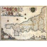 JAN JANSSON. 'Cornubia sive Cornwallia,' hand col engraved map, slight tear to middle fold, small