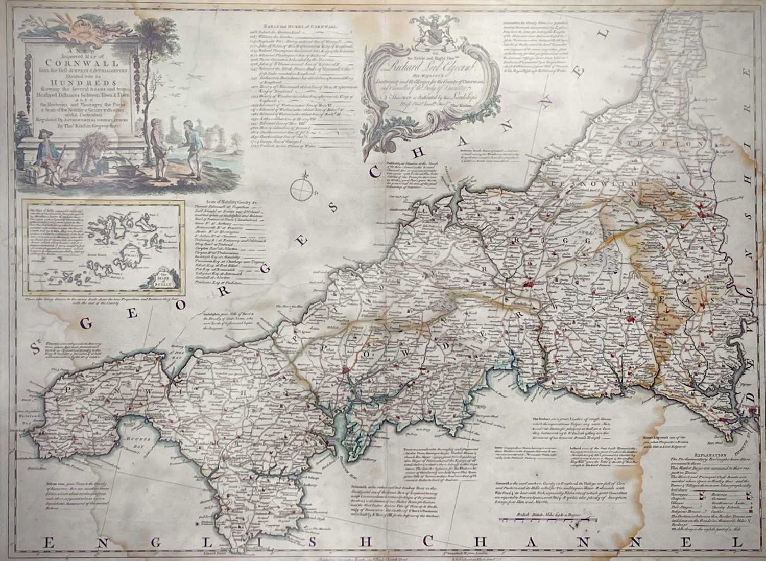 THOMAS KITCHIN. 'New and Improved map of Cornwall,' hand col engraved map, middle fold, tear and