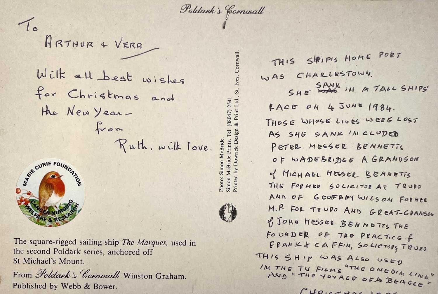 WINSTON GRAHAM. A postcard and two letters signed and inscribed by the author, sent from - Image 2 of 4