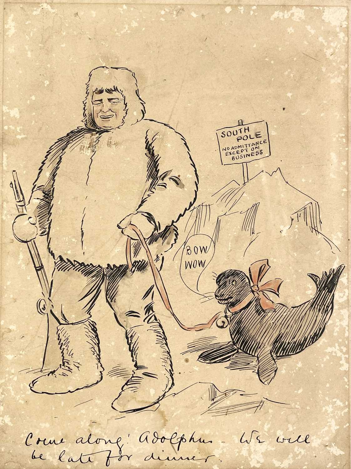 A humorous early twentieth century pen and ink sketch, inscribed 'Come along! Adolphus - we will