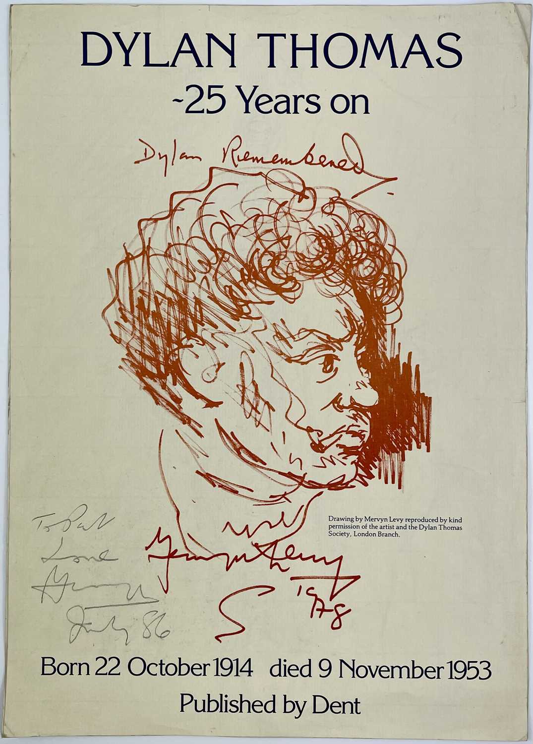 A 'Dylan Thomas - 25 Years on' poster signed by the artist, Mervyn Levy, 42cm x 30cm, together