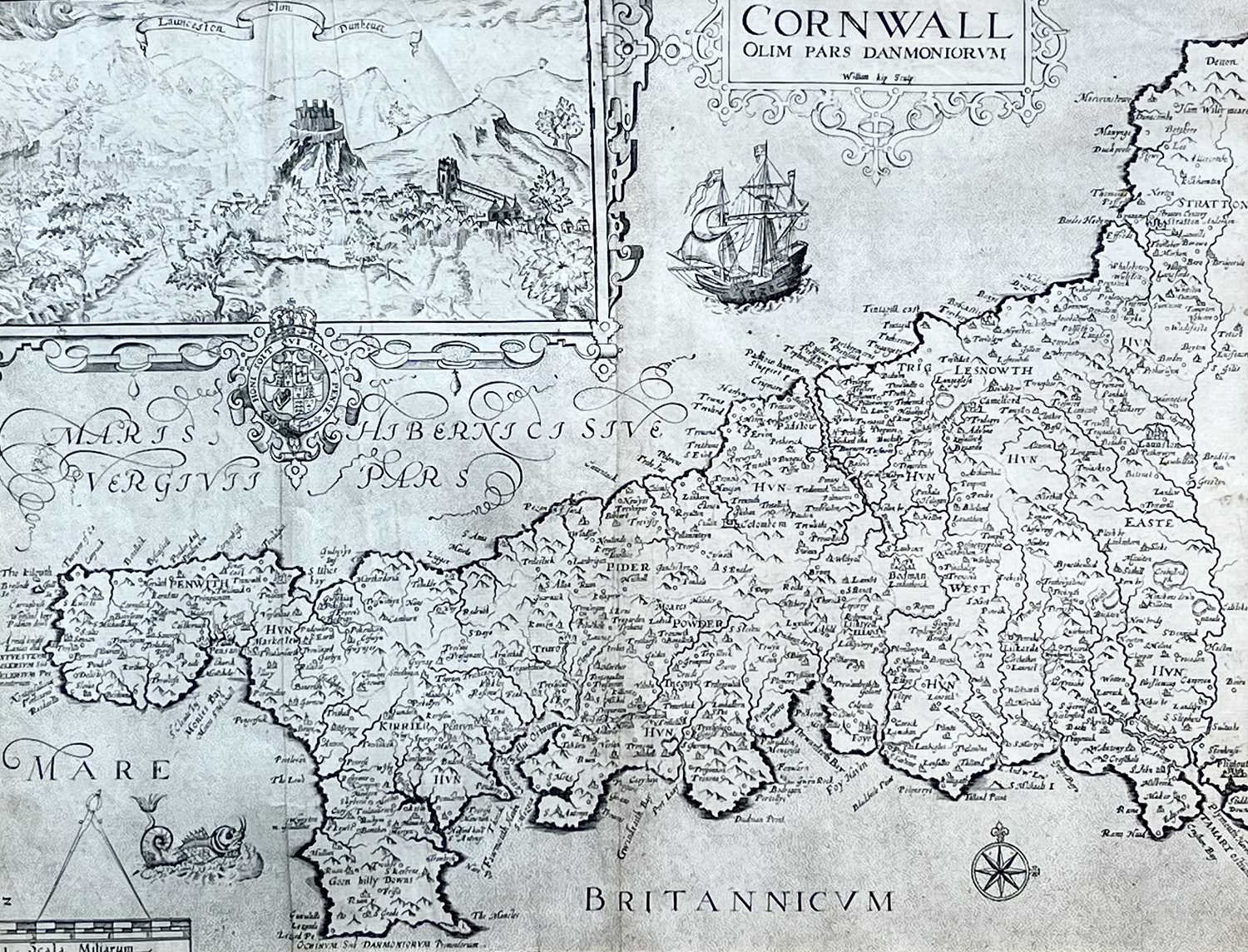 CHRISTOPHER SAXTON and WILLIAM KIP. 'Cornwall olim pars Danmoniorum.' Engraved map, inset view of