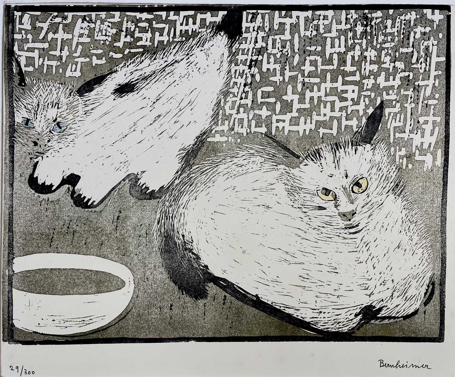 Three indistinctly-signed woodblock prints, depicting cats, birds and dogs. Each image 23cm x 30. - Image 3 of 5