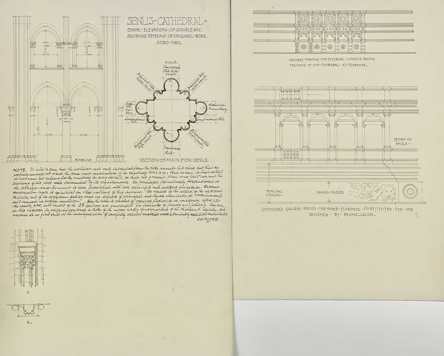 Two sheets of graphite architectural drawings and notes, including Senlis Cathedral, France, and a - Image 3 of 3