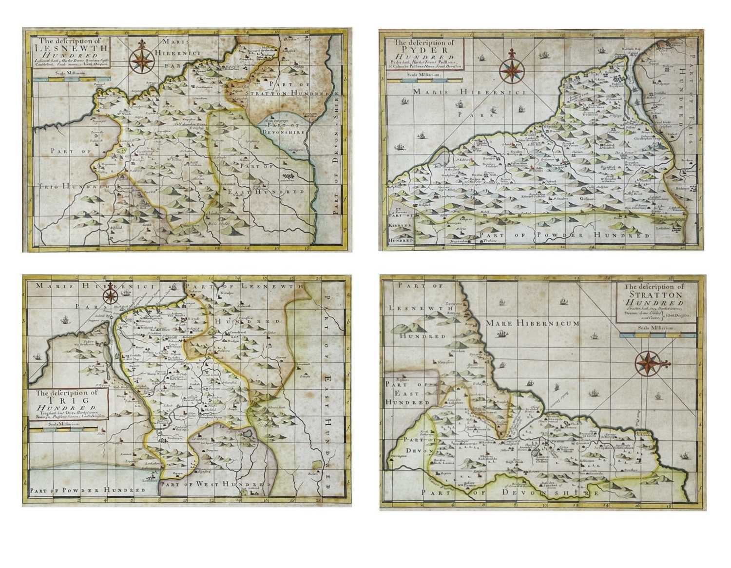 JOHN NORDEN. 'Speculi Brittanniae pars,' four framed and glazed 'Hundred's' engraved maps, Trig,