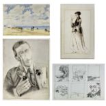 Franklin WHITE (1920-2011) Beach scene Watercolour 19cm x 28cm Together with a pen sketch of a