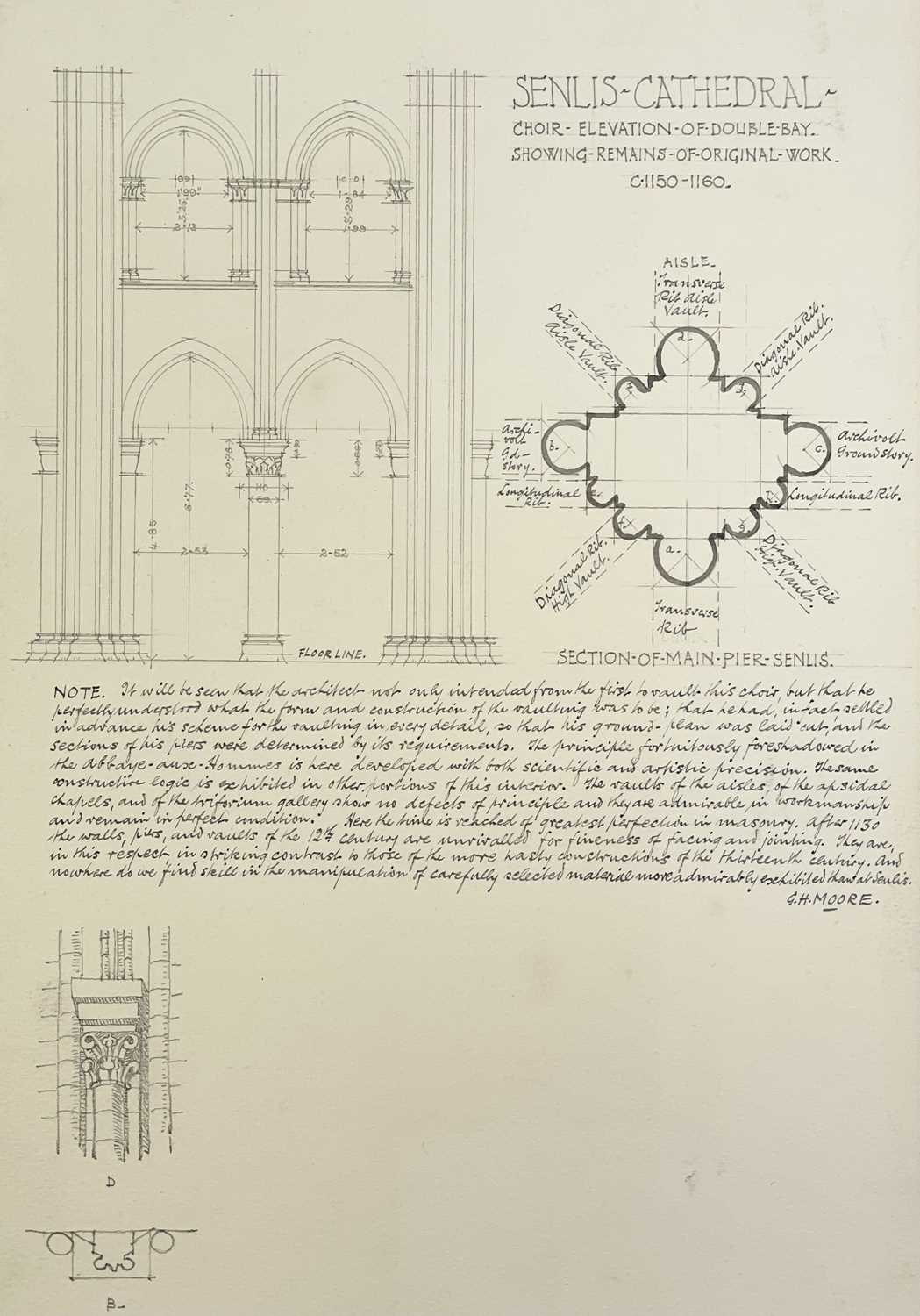 Two sheets of graphite architectural drawings and notes, including Senlis Cathedral, France, and a - Image 2 of 3