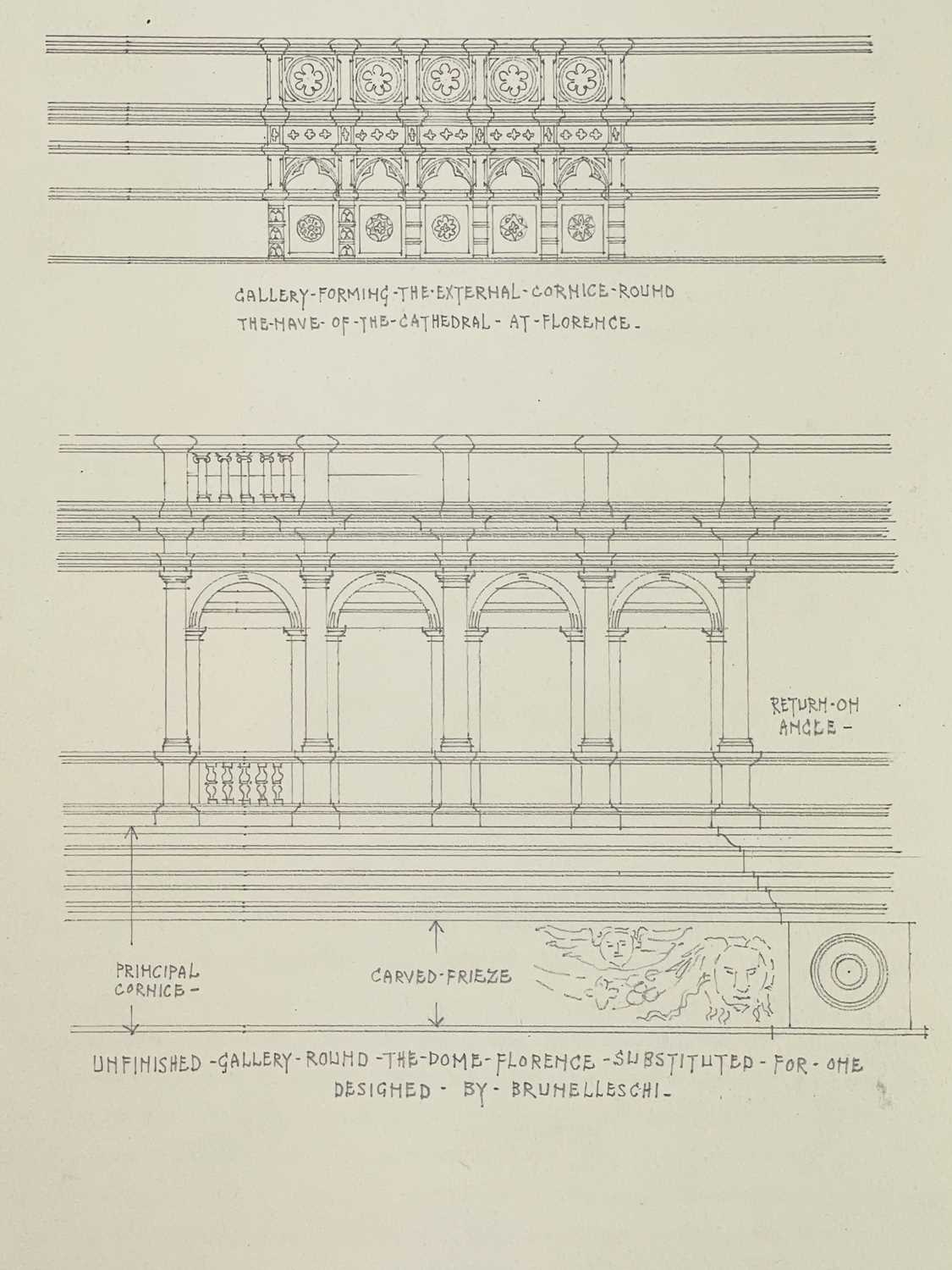 Two sheets of graphite architectural drawings and notes, including Senlis Cathedral, France, and a