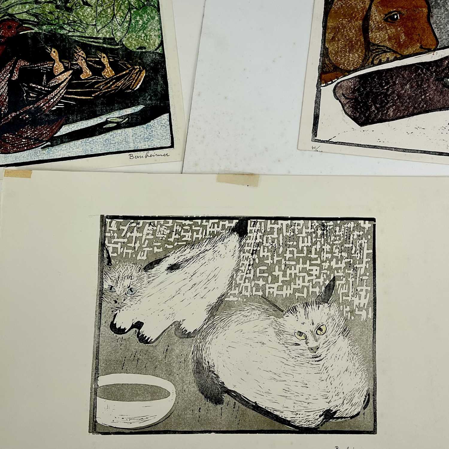 Three indistinctly-signed woodblock prints, depicting cats, birds and dogs. Each image 23cm x 30. - Image 5 of 5