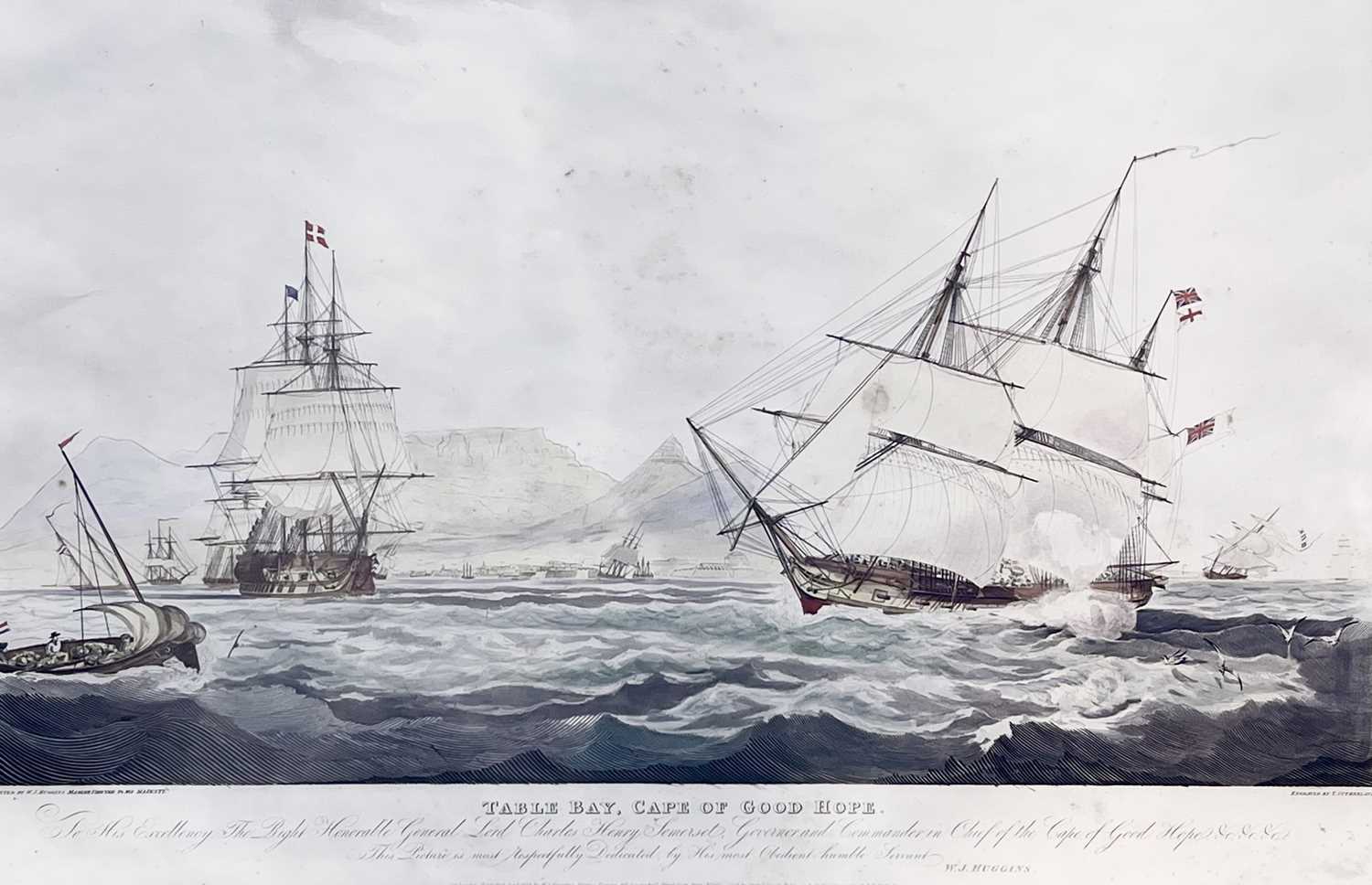 T. SUTHERLAND after W. J. HUGGINS. 'Table Bay, Cape of Good Hope,' hand coloured aquatint, framed