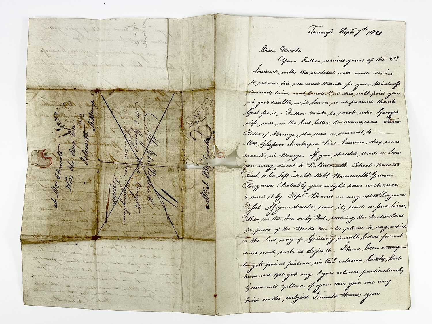 R. T. PENTREATH (artist). Handwritten letter from Pentreath to his uncle, in regards to shipping oil
