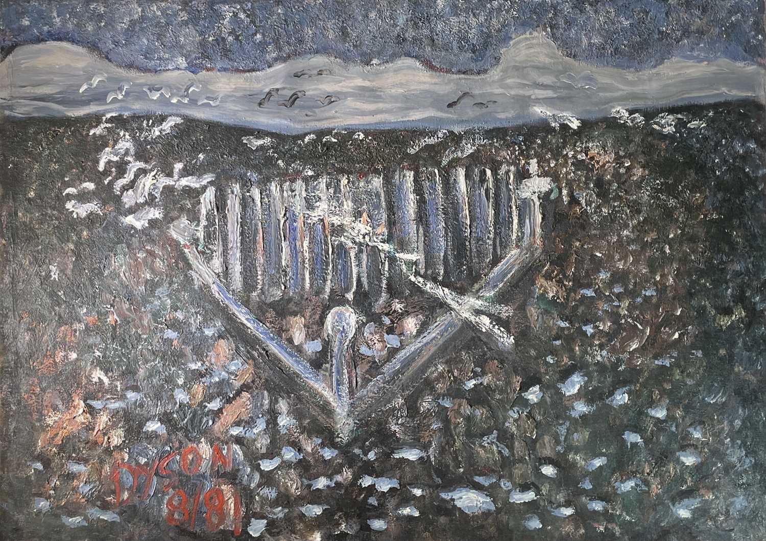 Julian DYSON (1936-2003) Chain Harrow Signed and dated 8/81 65x91cmThe canvas is not tight on the