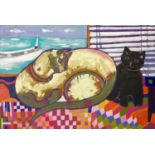 PONCKLE (1934-2012) Cats By The Window, St Ives Mixed media and collage on board Signed and dated '