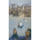Michael J. PRAED (1941) Sorting Pilchard Nets Mixed media Signed Further signed to verso 40 x 23cm