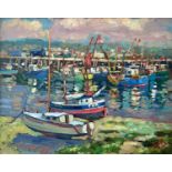 Bob VIGG (1932-2001) Newlyn Harbour Oil on board 39 x 49cmThis framed oil is in good unrestored