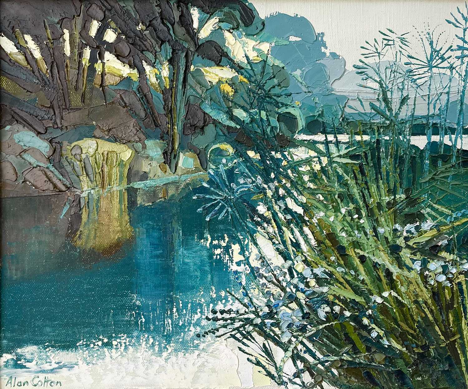 Alan COTTON (1936) River Otter - Blue & Lilac Landscape Oil on canvas Signed 25 x 29cm New
