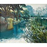 Alan COTTON (1936) River Otter - Blue & Lilac Landscape Oil on canvas Signed 25 x 29cm New