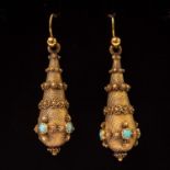 A pair of Victorian gold turquoise set, engine turned and flower head applied drop earrings,