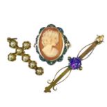 A pendant, a bar brooch and shell cameo ring.