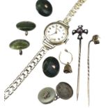 Greenstone buttons, stick pins, gold cased wristwatch and scrap gold.