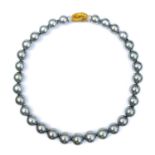A grey cultured pearl necklace with 18ct bi-colour gold yellow and white diamond clasp.