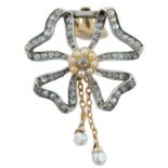 A Belle Epoque diamond and seed pearl ribbon bow brooch,