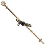 A gold diamond and sapphire set bar brooch,