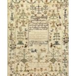 A framed needlepoint sampler by Susanna Lepton, Armley, 19th century,