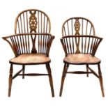 A near matching pair of elm, beech and ash windsor armchairs, circa 1900.