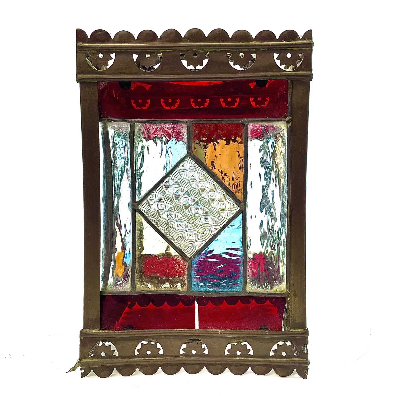 A Victorian stained glass and brass hanging lantern.